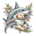 4-year-old human baby, in a shark costume, with a serious face, surrounded by flowers tattoo design idea