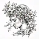 Face of the goddess Diana the huntress looking sideways, surrounded by flowers tattoo design idea