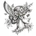 Face of the goddess Diana the huntress looking sideways, surrounded by flowers tattoo design idea
