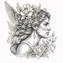 Face of the goddess Diana the huntress looking sideways, surrounded by flowers tattoo design idea