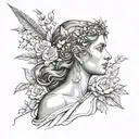 Face of the goddess Diana the huntress looking sideways, surrounded by flowers tattoo design idea
