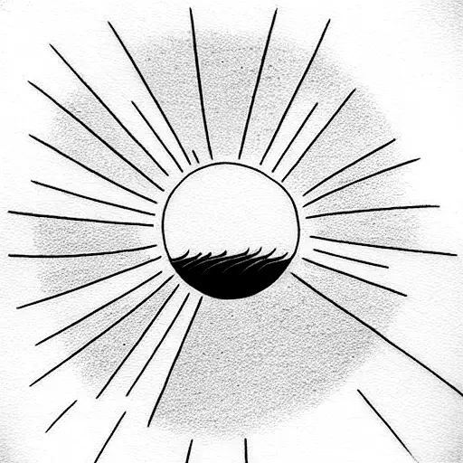 The image features a half-rising sun on the horizon. The sun's warm rays spread across the sky, creating a beautiful gra tattoo design idea