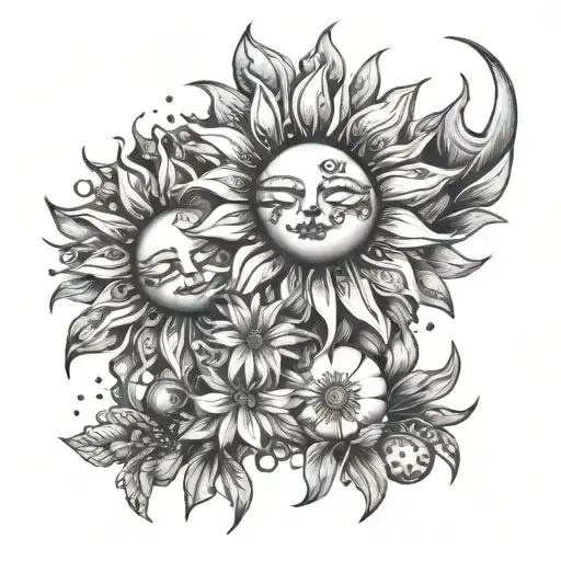 sun and moon flowers growing and planets tattoo design idea