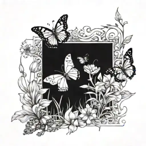 A peaceful meadow filled with blooming flowers and butterflies under a radiant sun tattoo design idea
