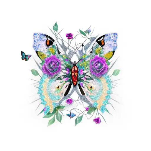 A punk-inspired butterfly with a trail of roses, surrounded by a vibrant nature scene tattoo design idea