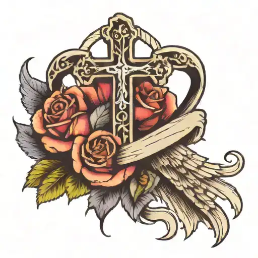 cross, with wings, a rose wrapped around cross with a ribbon  tattoo design idea