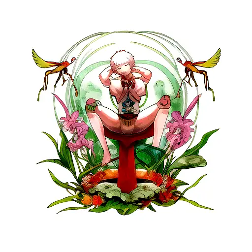 Mac miller divine feminine albumn cover but with a meditating praying mantis in the middle tattoo design idea