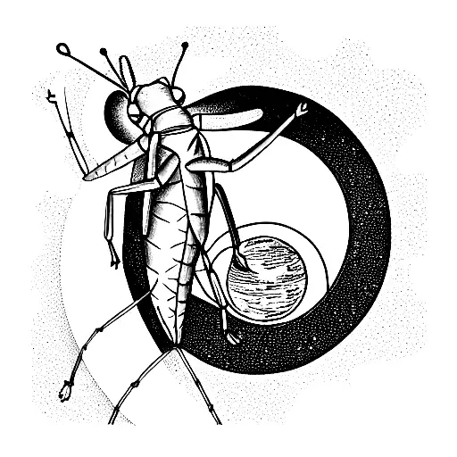 Mac miller divine feminine albumn cover but with a praying mantis in the middle of it with the moon phases around the to tattoo design idea