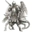 Templar knight kneeling with sword in hand and angel wings tattoo design idea