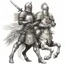 Templar knight kneeling with sword in hand and angel wings tattoo design idea