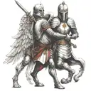 Templar knight kneeling with sword in hand and angel wings tattoo design idea