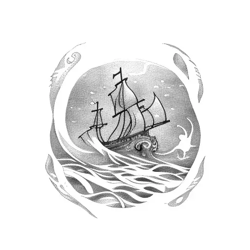 kraken that trying ro sink a ship with a wild sea and a phoenix flying from the ship sail to the sky above the ship tattoo design idea