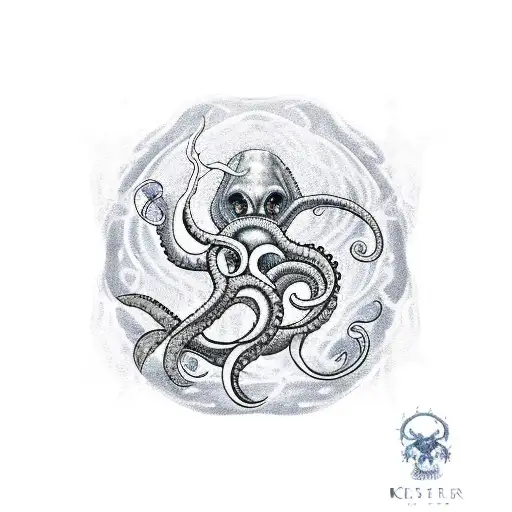 kraken that trying ro sink a ship with a wild sea and a phoenix flying from the ship sail to the sky above the ship, sle tattoo design idea