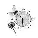  dragonfly, dandelion seeds, old fashioned clock face tattoo design idea