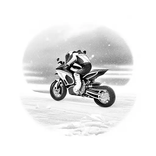 A sports bike racing across the frozen Great Lakes in the winter in a black-grey style tattoo design idea
