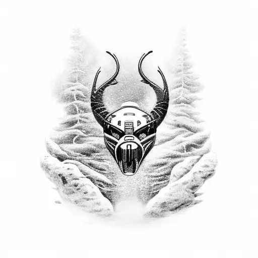 A sports bike racing across the frozen Great Lakes in the winter in a black-grey style tattoo design idea