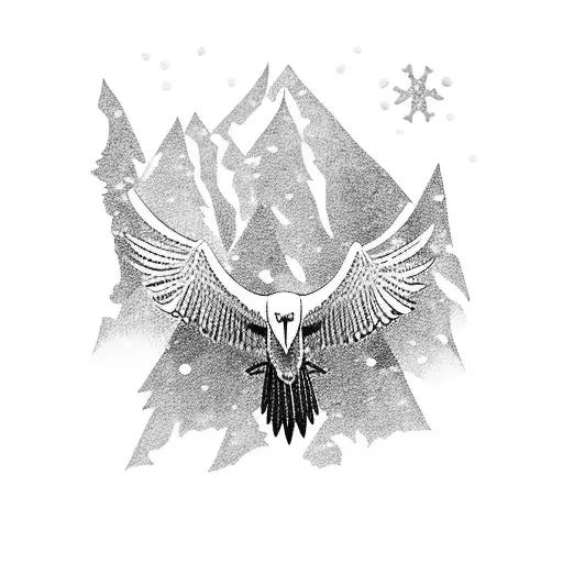 A fierce eagle soaring through the snowy Great Lakes in the winter tattoo design idea