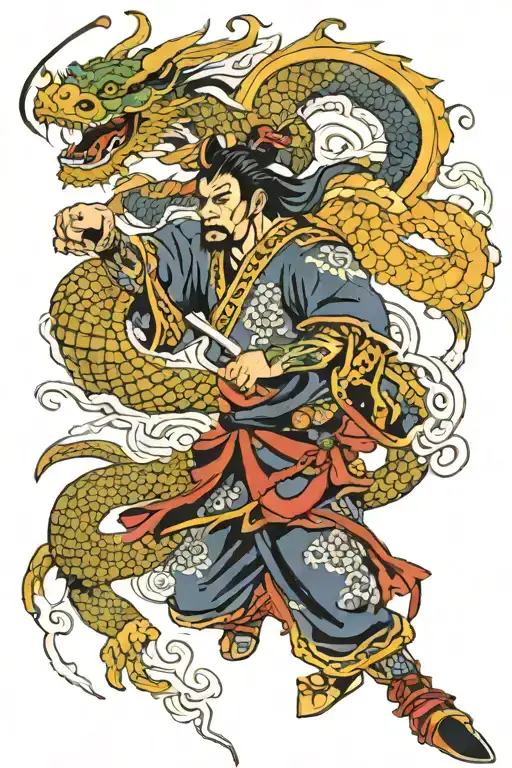 Japanese dragon fighting samurai warrior tattoo design idea