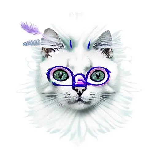 cat in a mask with feathers holding a snake wrench in lavender tattoo design idea