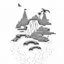 A dotwork tattoo of a tranquil beach scene with waterfalls cascading down the cliffs tattoo design idea