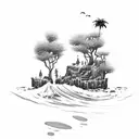 A dotwork tattoo of a tranquil beach scene with waterfalls cascading down the cliffs tattoo design idea