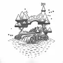 A dotwork tattoo of a tranquil beach scene with waterfalls cascading down the cliffs tattoo design idea