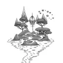 A dotwork tattoo of a tranquil beach scene with waterfalls cascading down the cliffs tattoo design idea