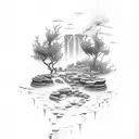 A dotwork tattoo of a tranquil beach scene with waterfalls cascading down the cliffs tattoo design idea
