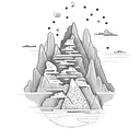 A dotwork tattoo of a tranquil beach scene with waterfalls cascading down the cliffs tattoo design idea