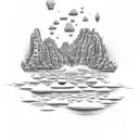 A dotwork tattoo of a tranquil beach scene with waterfalls cascading down the cliffs tattoo design idea