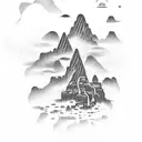 A dotwork tattoo of a tranquil beach scene with waterfalls cascading down the cliffs tattoo design idea