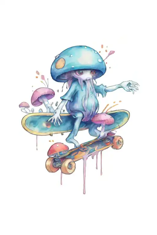 mushroom creature with skateboard tattoo design idea