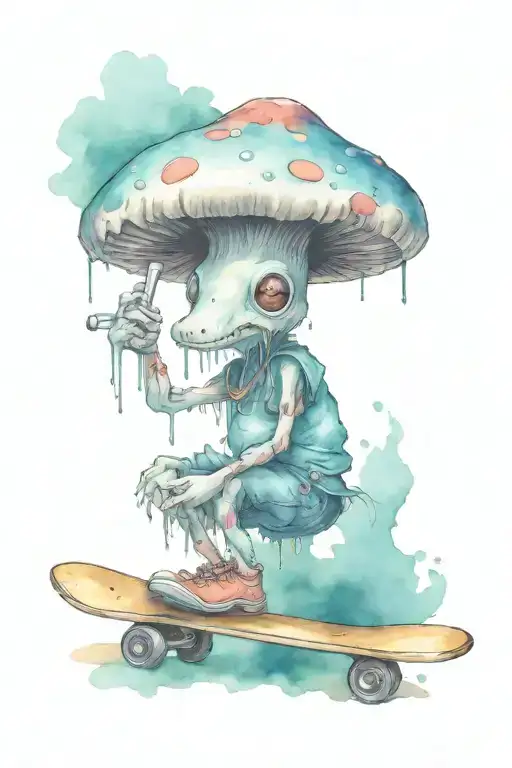 mushroom creature with skateboard tattoo design idea