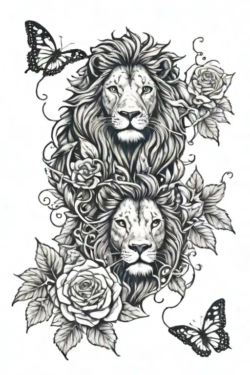 feminine lion surrounded with roses, Jesus' thorn vines, with falling leafs and petals and flying butterflies tattoo design idea