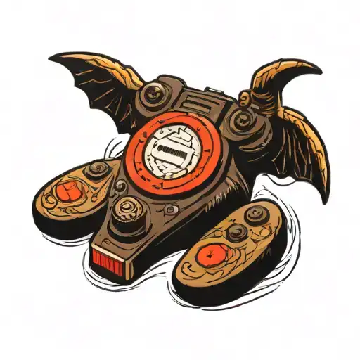 A traditional tattoo of a gaming controller morphing into a mythical creature from mythology, symbolizing the client's love for both gaming and ancient stories tattoo design idea