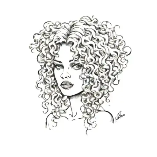 soft feminine tattoo featuring curly hair, long eyelashes, sultry, vulnerable tattoo design idea