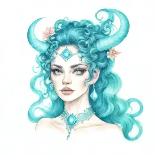 feminine, celestial fae, curly hair, capricorn, sultry, vulnerable, alluring, eyelashes, hanging jewels, supernatural  tattoo design idea