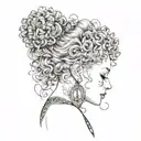 soft feminine tattoo featuring curly hair, long eyelashes, sultry, vulnerable tattoo design idea