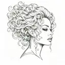 soft feminine tattoo featuring curly hair, long eyelashes, sultry, vulnerable tattoo design idea