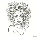 soft feminine tattoo featuring curly hair, long eyelashes, sultry, vulnerable tattoo design idea