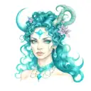 feminine, celestial fae, curly hair, capricorn, sultry, vulnerable, alluring, eyelashes, hanging jewels, supernatural  tattoo design idea