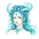 feminine, celestial fae, curly hair, capricorn, sultry, vulnerable, alluring, eyelashes, hanging jewels, supernatural  tattoo design idea