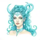 feminine, celestial fae, curly hair, capricorn, sultry, vulnerable, alluring, eyelashes, hanging jewels, supernatural  tattoo design idea