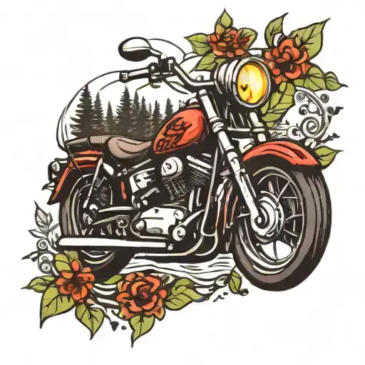 A traditional style tattoo of a vintage motorcycle riding through a forest with gaming symbols scattered around, blending your love for nature, motorbikes, and gaming tattoo design idea