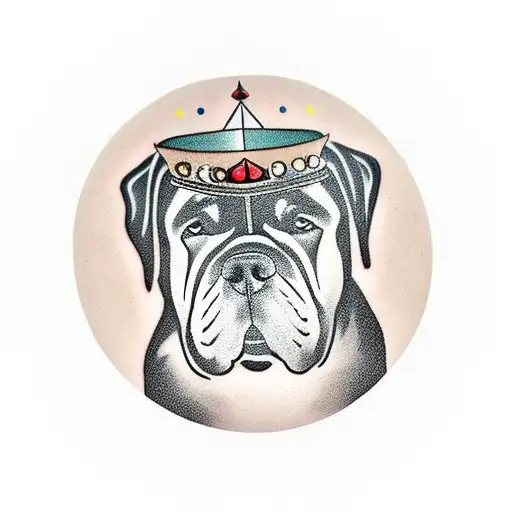 black cane Corso with a crown on its head, round background tattoo design idea
