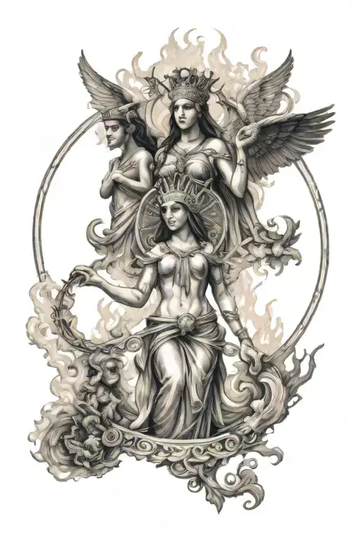 Three goddesses stand in a circle, each representing an element. Athena with flames at her feet (fire), Isis with water  tattoo design idea