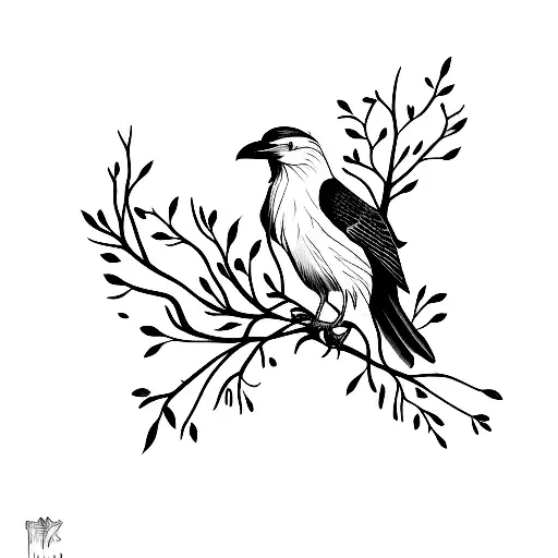 A minimalist tattoo of a black crow perched on a branch with magnolia blossoms tattoo design idea