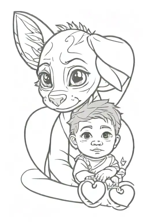 Baby face portrait, with a dog paw and a heart with intial S incorporated into a 'How to train your dragon' theme tattoo design idea
