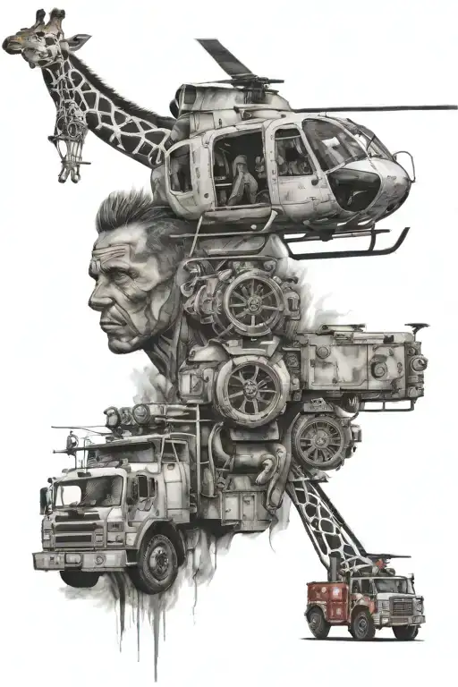 blessed beyond measure with two hands holding a helicopter, a giraffe and a fire truck tattoo design idea