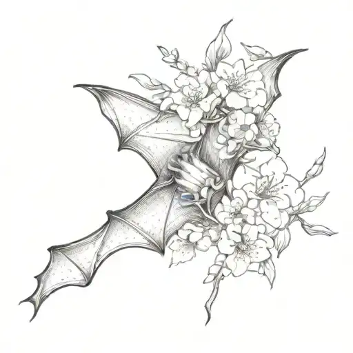 bat with sakura flowers and Japanese characters tattoo design idea